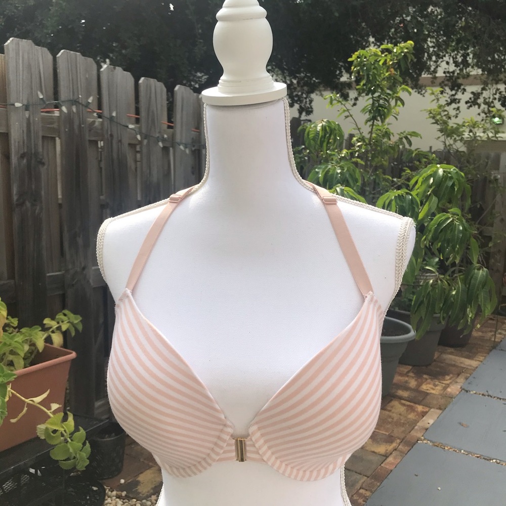 CACIQUE Pink and White Racerback Lace Bra
